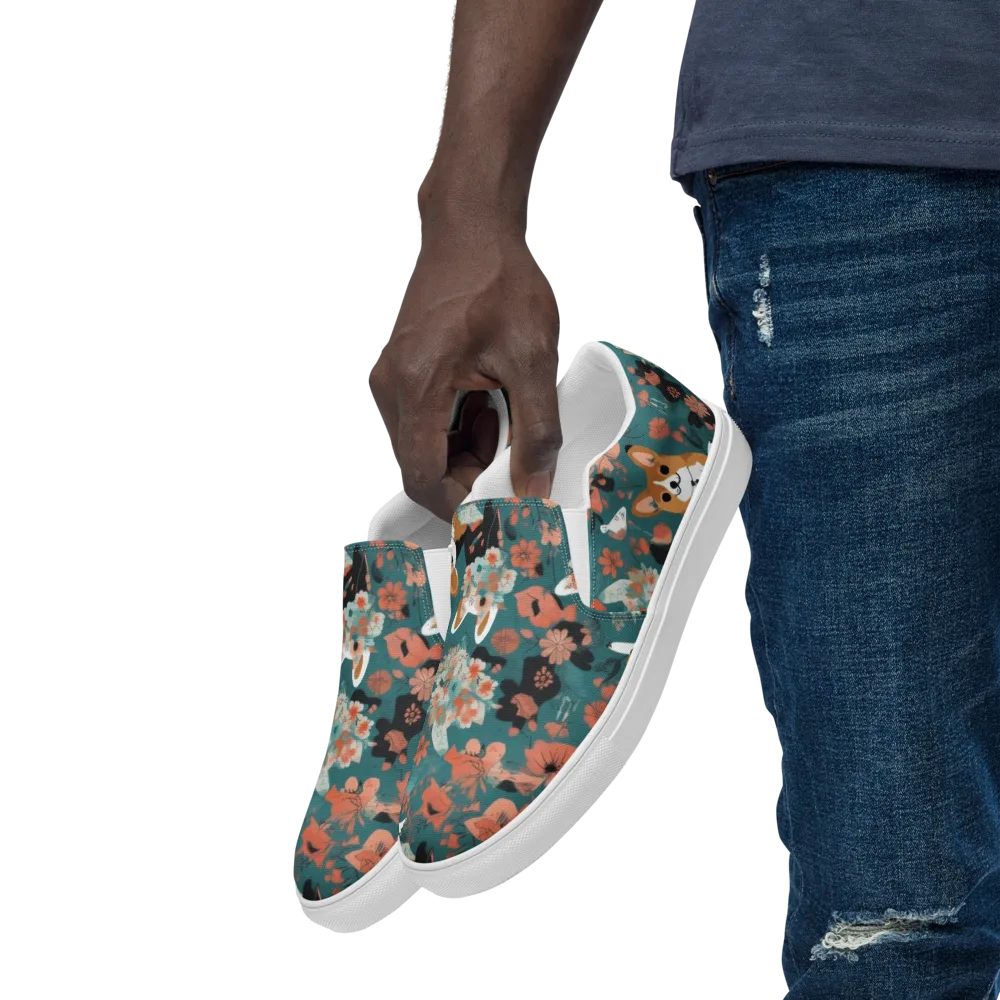 Floral Corgi Club on Men's Slip-On Canvas Shoes — Left Front
