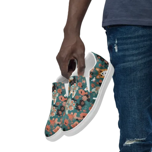 Floral Corgi Club on a Men's Slip-On Canvas Shoes