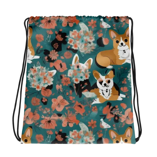 Floral Corgi Club on a Drawstring Bag