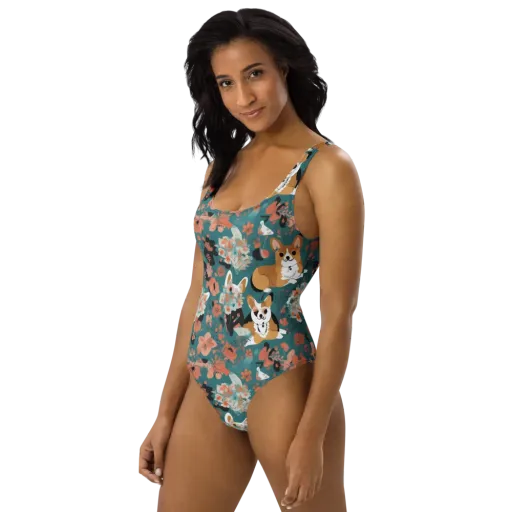 Floral Corgi Club on a One-Piece Swimsuit