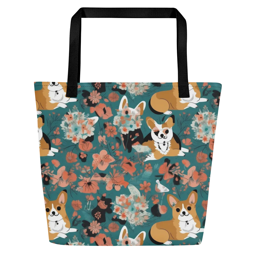 Floral Corgi Club on Large Tote Bag W/ Pocket — Front