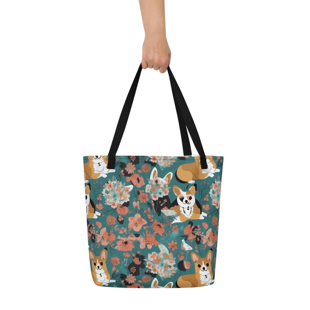 Floral Corgi Club on Large Tote Bag W/ Pocket — Front