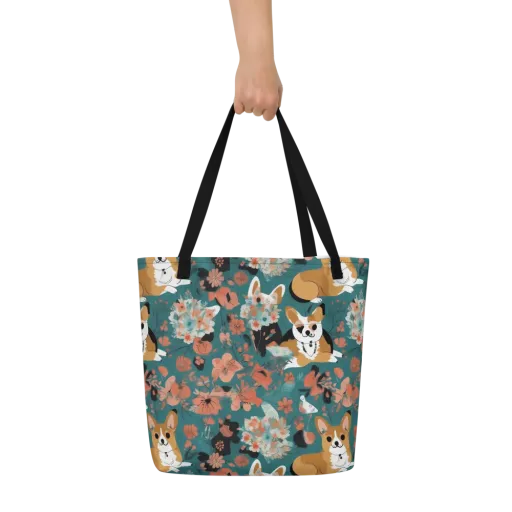 Floral Corgi Club on a Large Tote Bag W/ Pocket