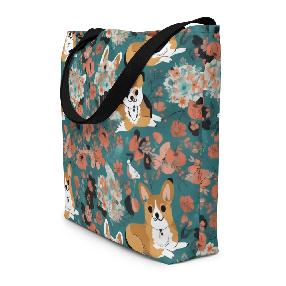 Floral Corgi Club on Large Tote Bag W/ Pocket — Front