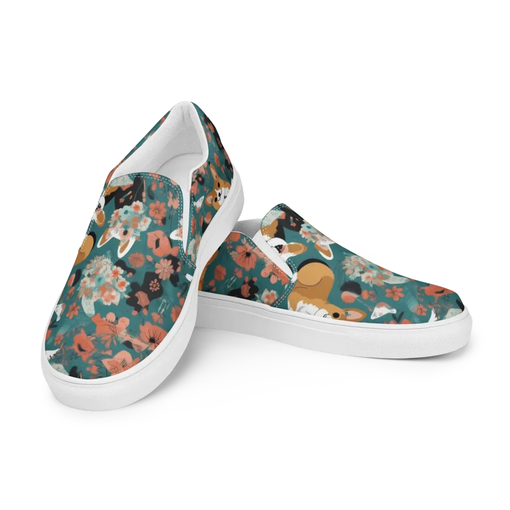 Floral Corgi Club on Women's Slip-On Canvas Shoes — Left Front