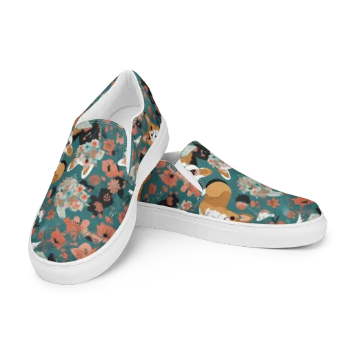 Floral Corgi Club on a Women's Slip-On Canvas Shoes