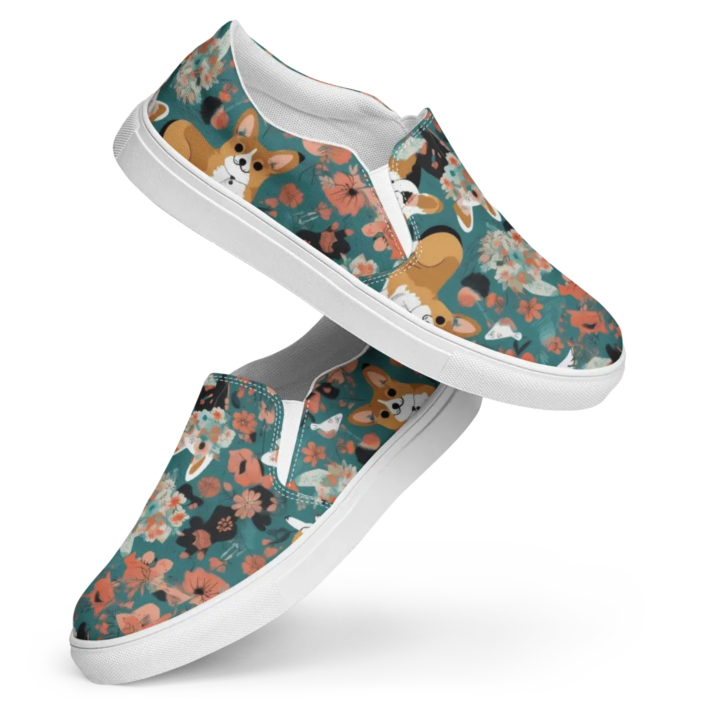 Floral Corgi Club on Women's Slip-On Canvas Shoes — Front