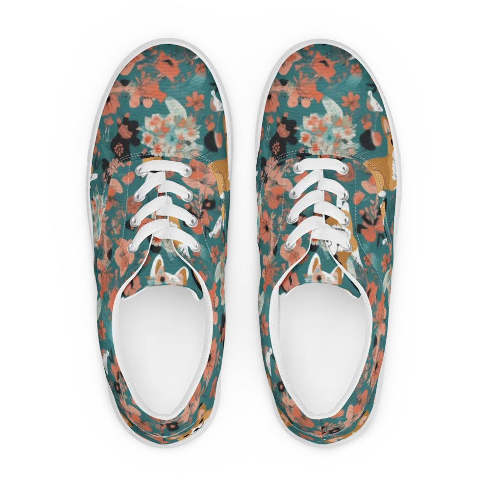 Floral Corgi Club on Men's Lace-Up Canvas Shoes — Front