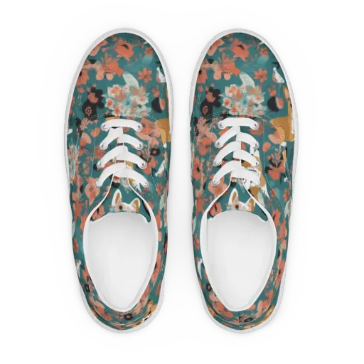 Floral Corgi Club on a Men's Lace-Up Canvas Shoes