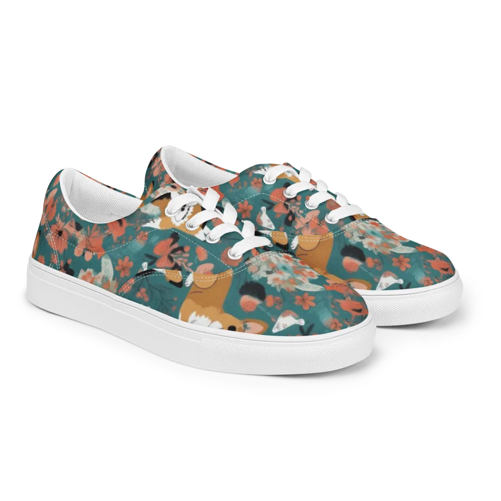 Floral Corgi Club on Men's Lace-Up Canvas Shoes — Right Front