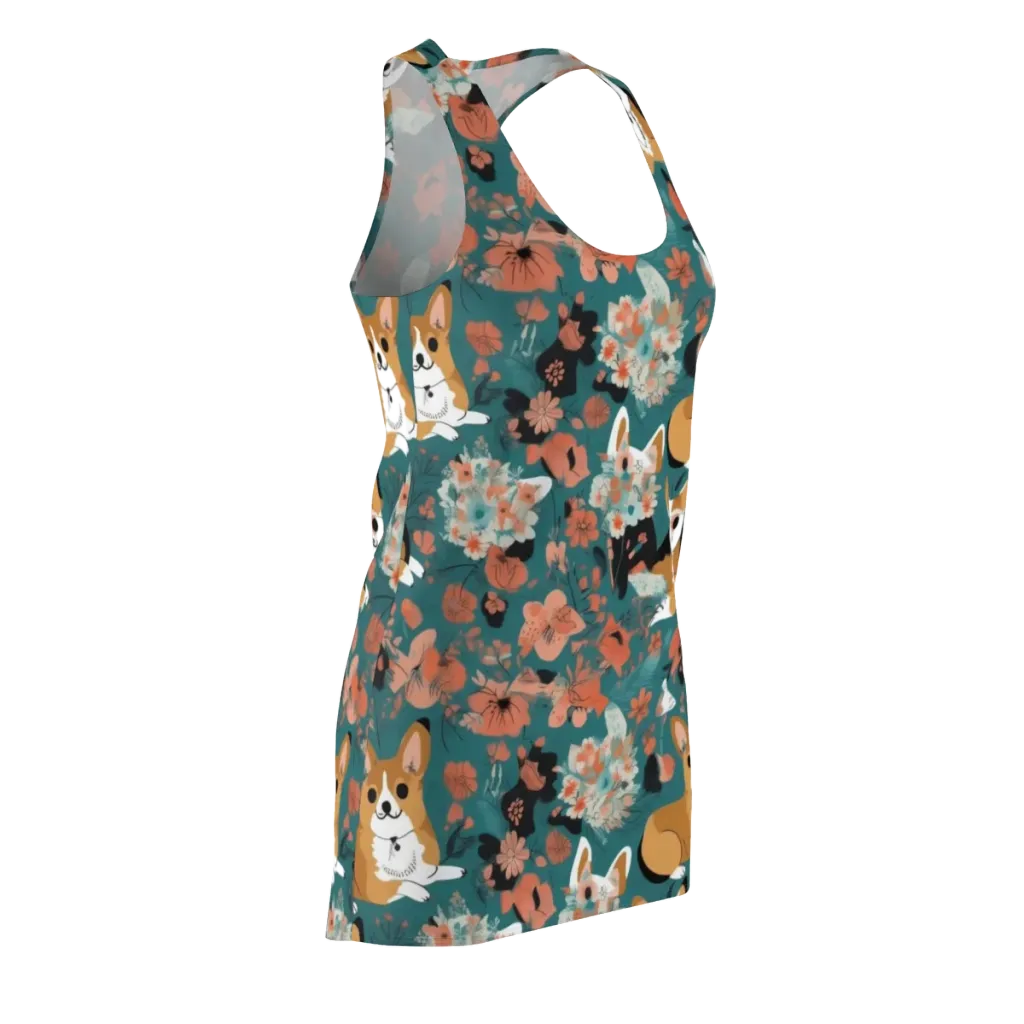 Floral Corgi Club on Racerback Dress — Front Side