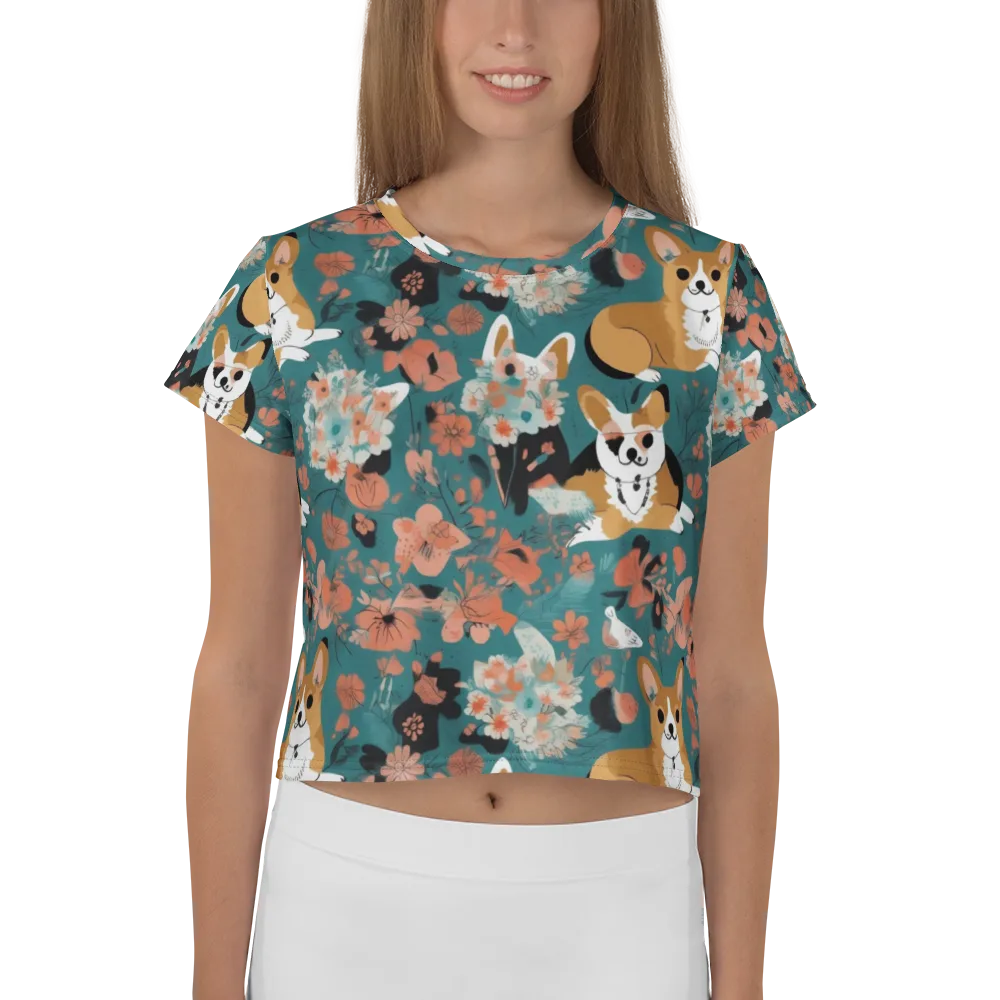 Floral Corgi Club on Crop Tee — Front