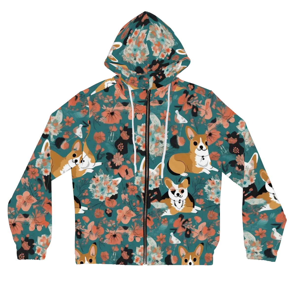 Floral Corgi Club on Women's Full-Zip Hoodie — Front