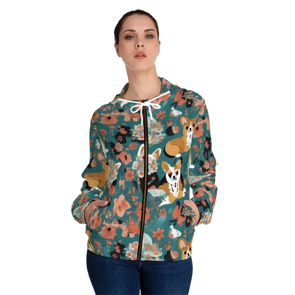Floral Corgi Club on Women's Full-Zip Hoodie — Front On Person