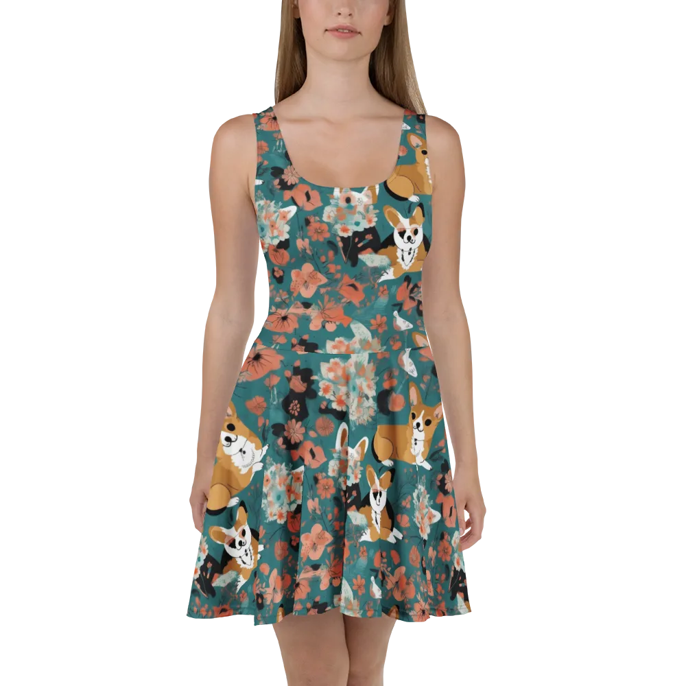 Floral Corgi Club on Skater Dress — Front