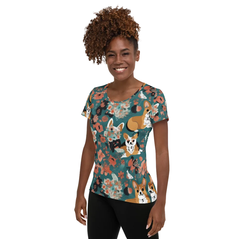 Floral Corgi Club on Women's Athletic T-Shirt — Left
