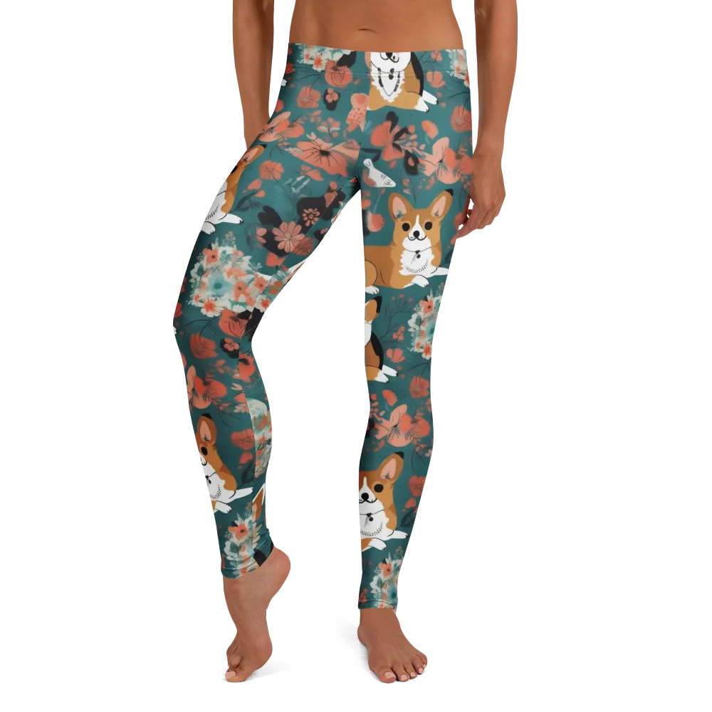 Floral Corgi Club on Leggings — Front