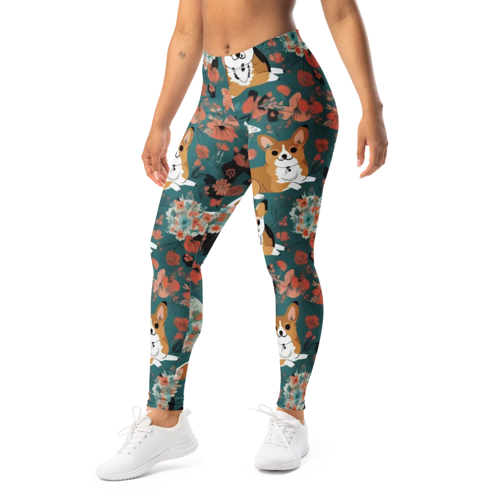 Floral Corgi Club on Leggings — Left Front