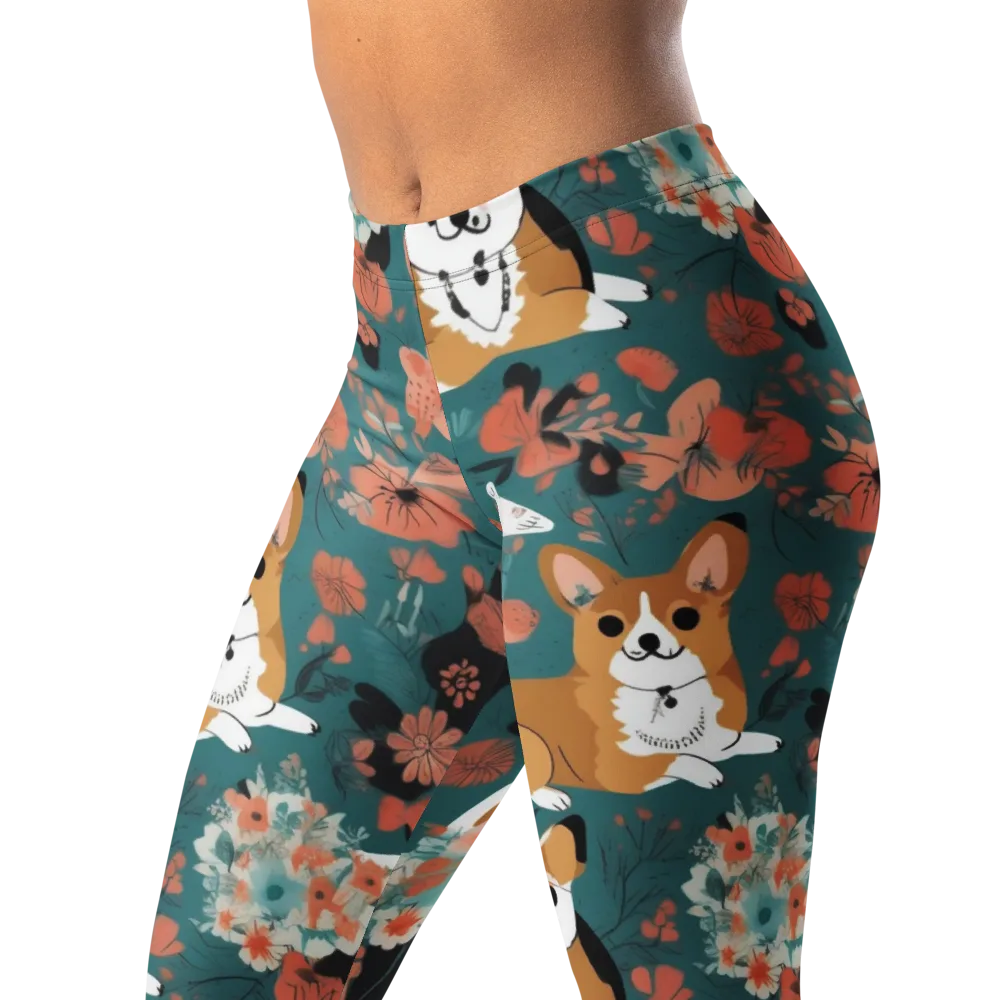 Floral Corgi Club on Leggings — Left Front