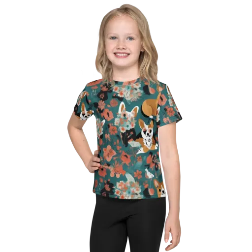 Floral Corgi Club on a Kids Crew Neck T-Shirt