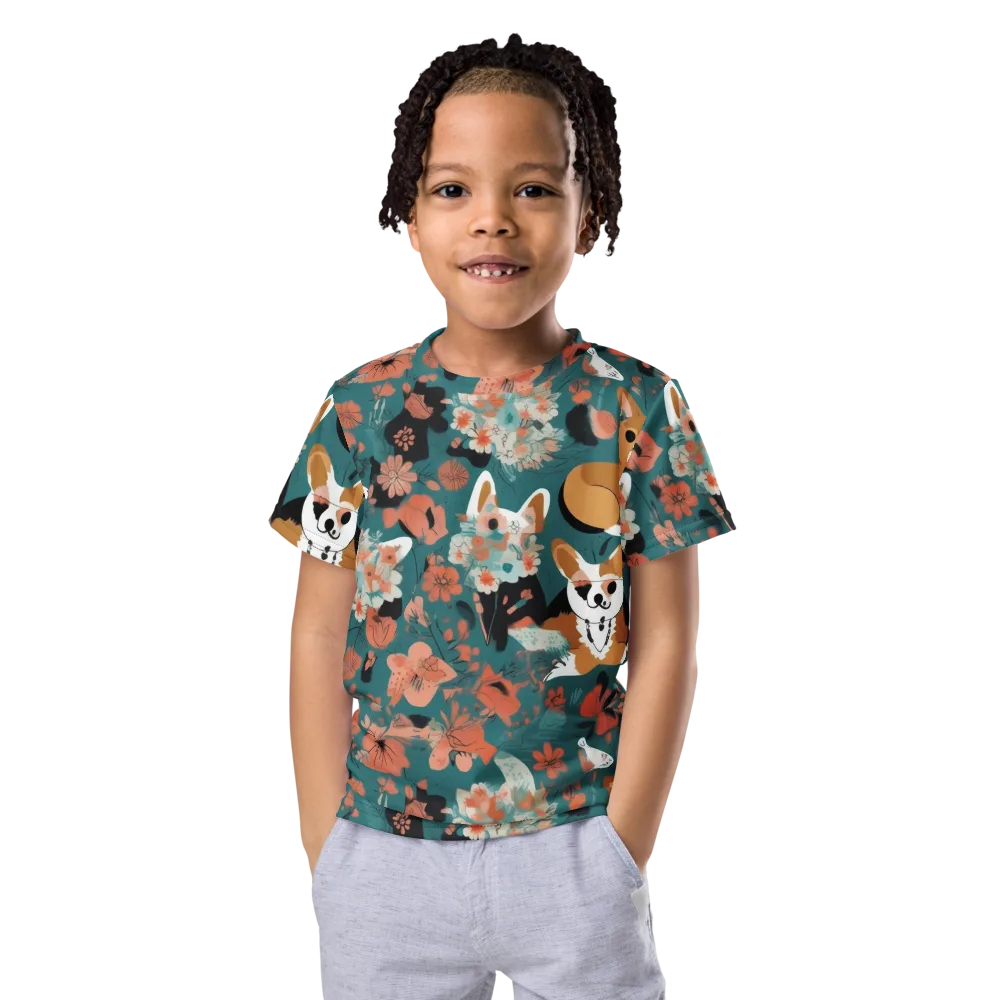 Floral Corgi Club on Kids Crew Neck T-Shirt — Front