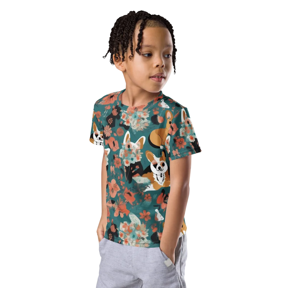 Floral Corgi Club on Kids Crew Neck T-Shirt — Left Front