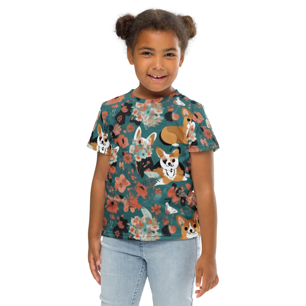 Floral Corgi Club on Kids Crew Neck T-Shirt — Front