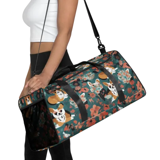 Floral Corgi Club on a Duffle Bag