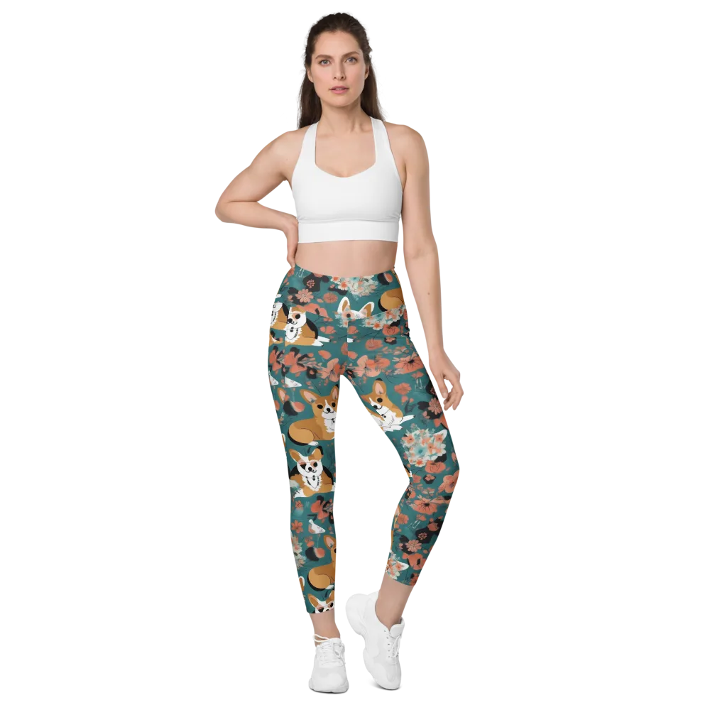 Floral Corgi Club on Leggings with Pockets — Front