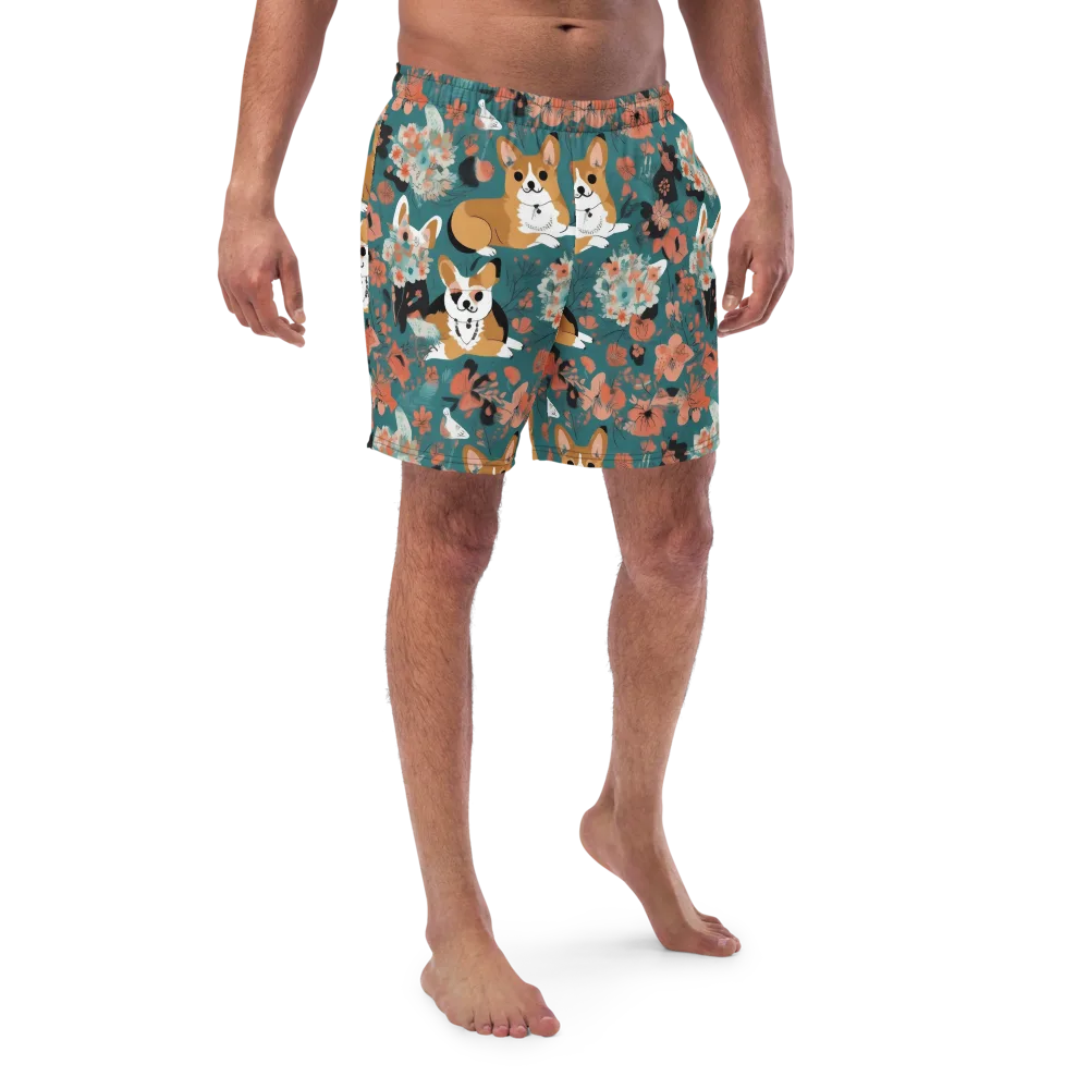 Floral Corgi Club on Swim Trunks — Front