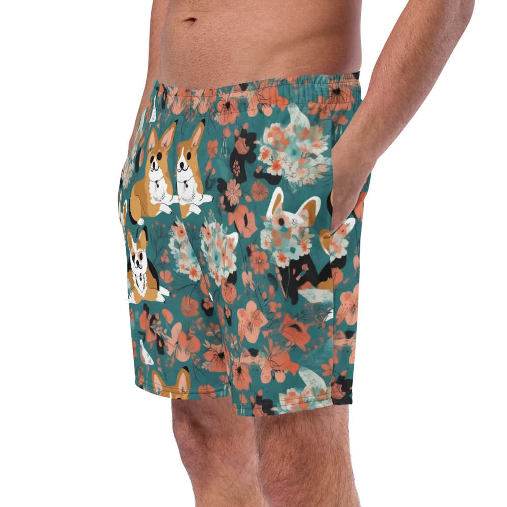 Floral Corgi Club on Swim Trunks — Left Front