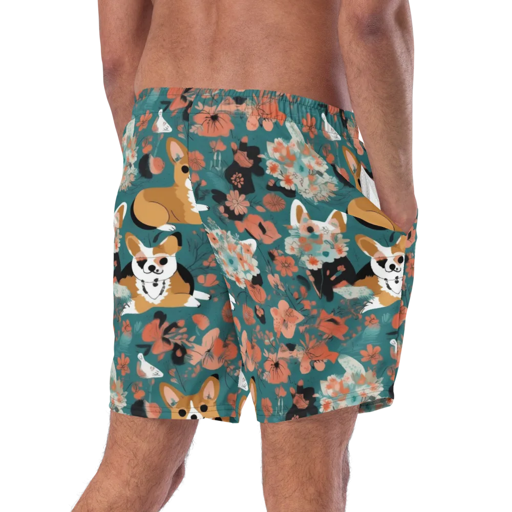 Floral Corgi Club on Swim Trunks — Right Back