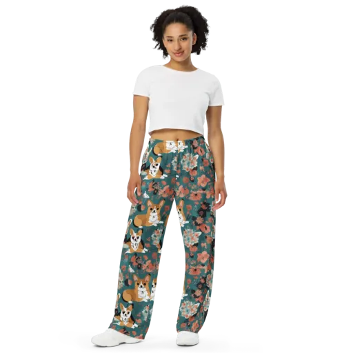 Floral Corgi Club on a Wide-Leg Pants