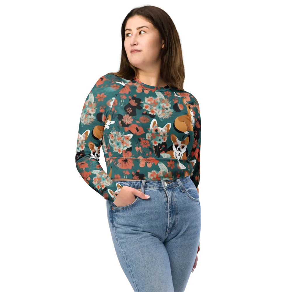 Floral Corgi Club on Long Sleeve Crop Top — Front