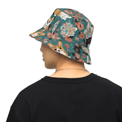 Floral Corgi Club on a Reversible Bucket Hat