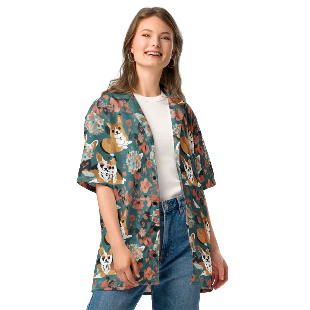 Floral Corgi Club on Button Shirt — Front