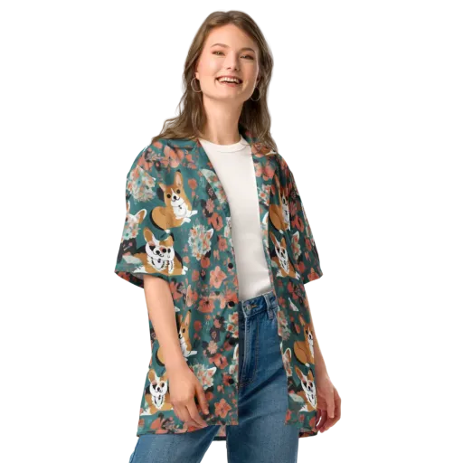 Floral Corgi Club on a Button Shirt
