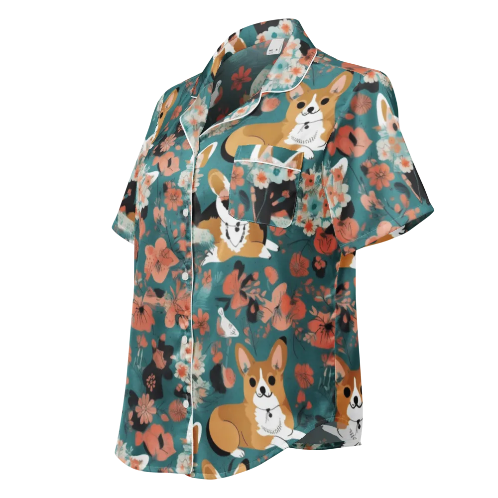 Floral Corgi Club on Women's Short Sleeve Pajama Top — Left Front