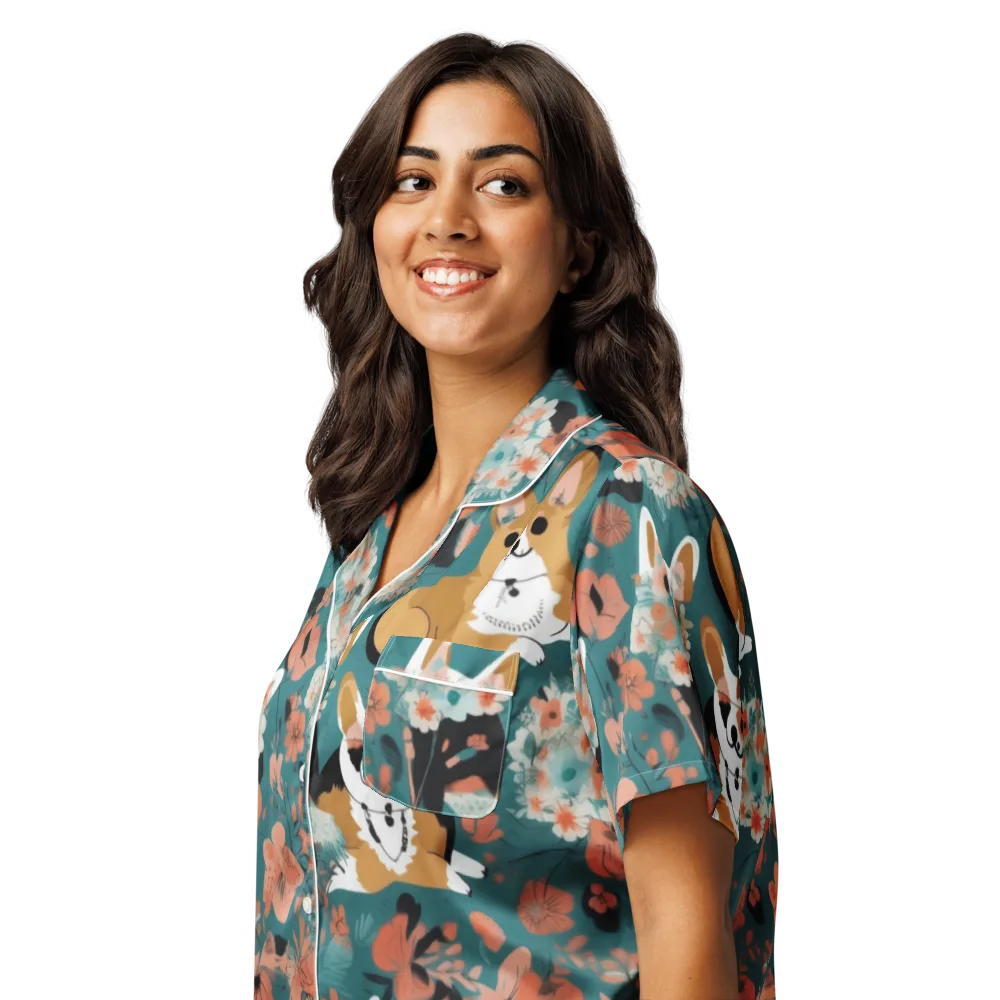 Floral Corgi Club on Women's Short Sleeve Pajama Top — Left Front