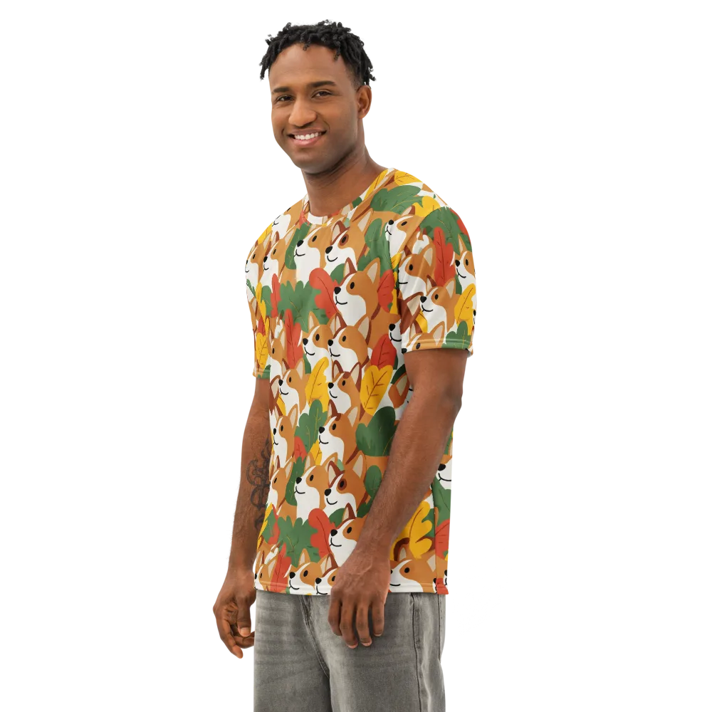 Autumn Corgi Chorus on Men's Cotton Crew Neck T-Shirt — Left Front
