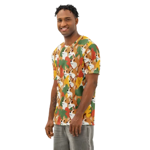 Autumn Corgi Chorus on a Men's Cotton Crew Neck T-Shirt