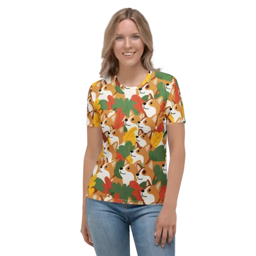 Autumn Corgi Chorus on a Women's Crew Neck T-Shirt