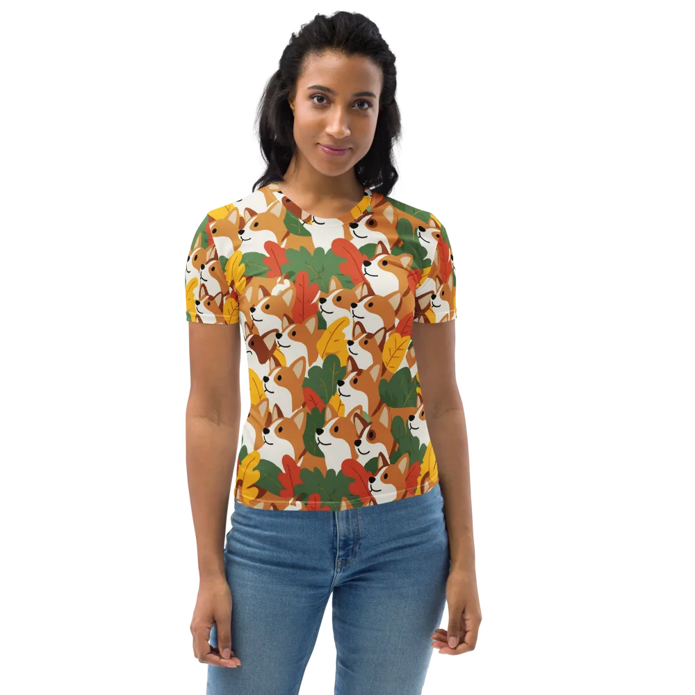 Autumn Corgi Chorus on Women's Crew Neck T-Shirt — Front