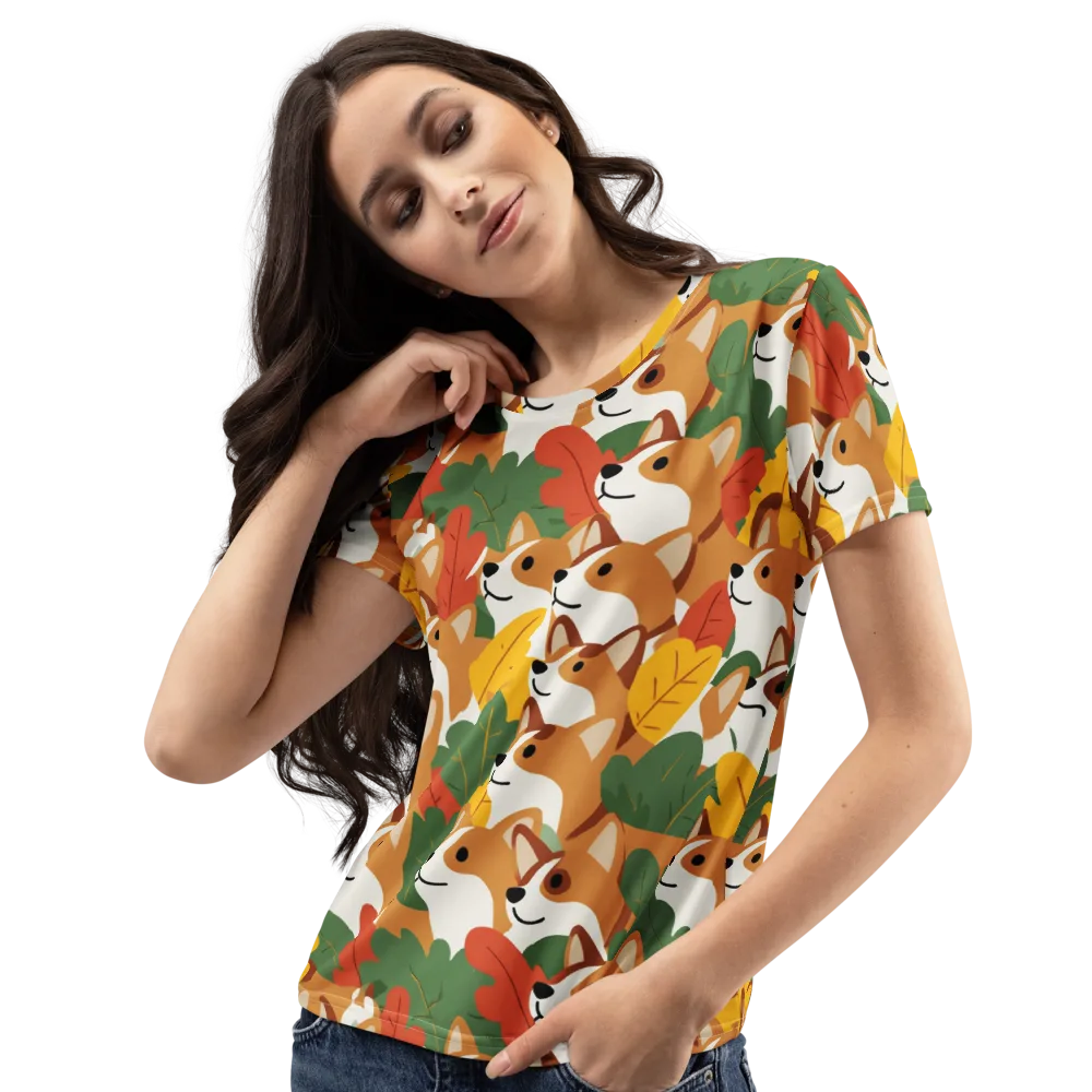 Autumn Corgi Chorus on Women's Crew Neck T-Shirt — Left Front