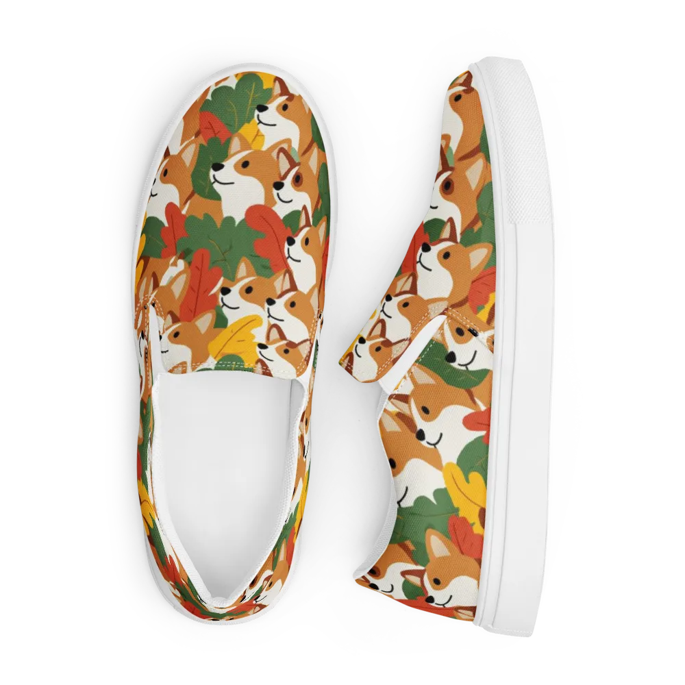 Autumn Corgi Chorus on Men's Slip-On Canvas Shoes — Front