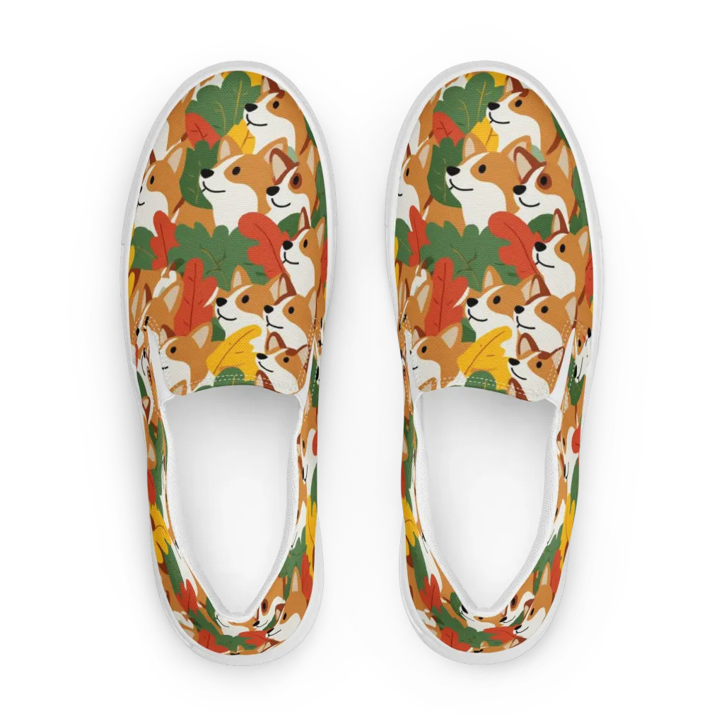 Autumn Corgi Chorus on Women's Slip-On Canvas Shoes — Front