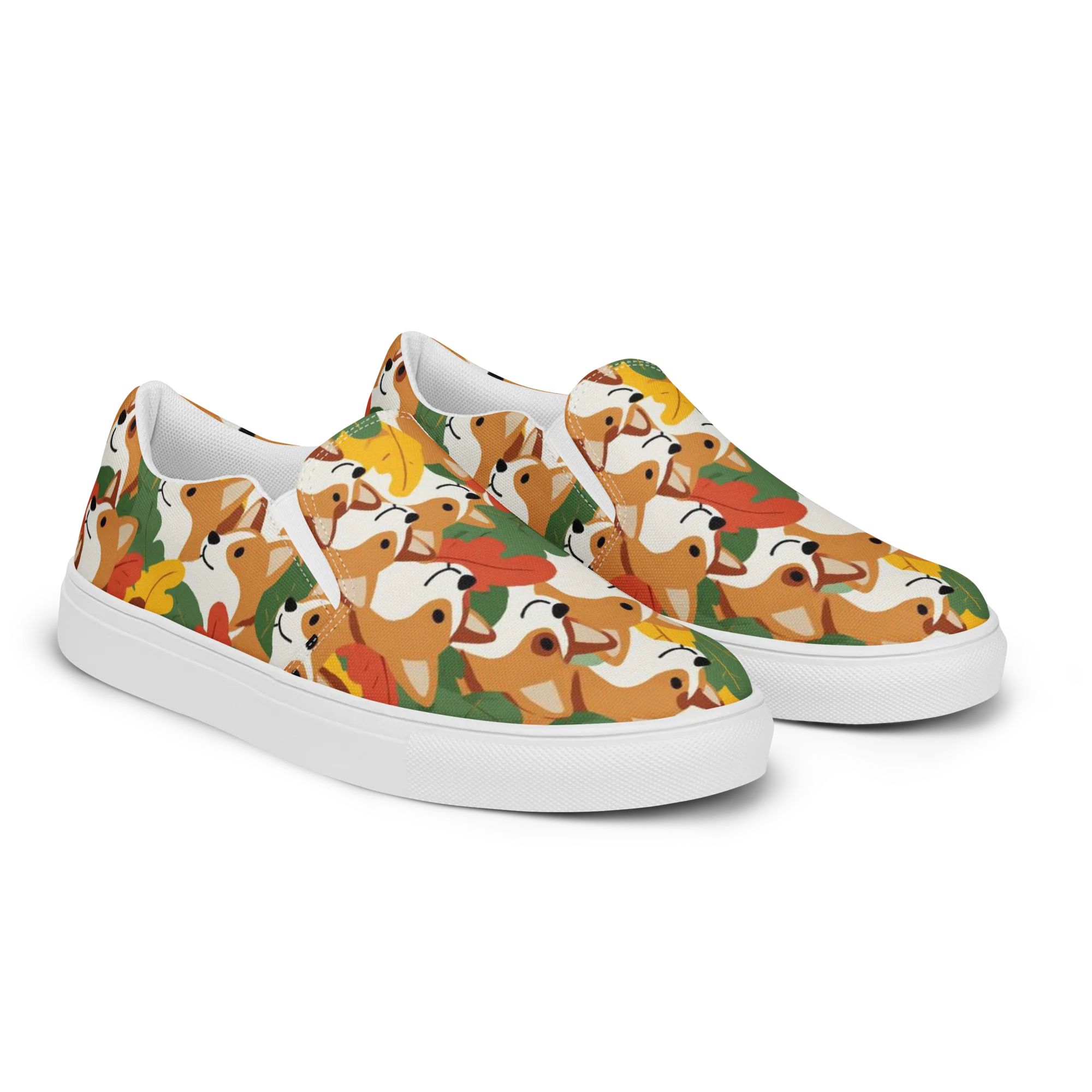Autumn Corgi Chorus on Women's Slip-On Canvas Shoes — Right Front