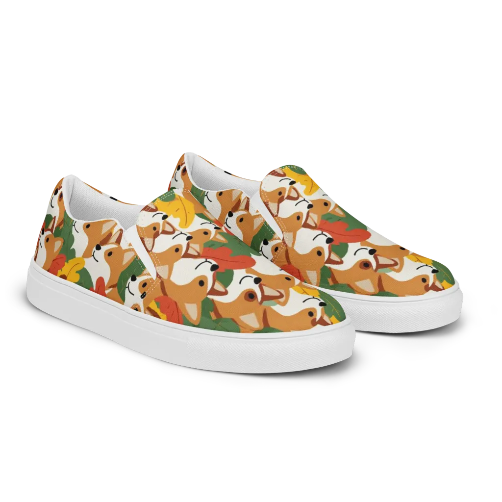 Autumn Corgi Chorus on Women's Slip-On Canvas Shoes — Right Front