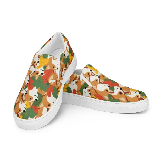Autumn Corgi Chorus on a Women's Slip-On Canvas Shoes