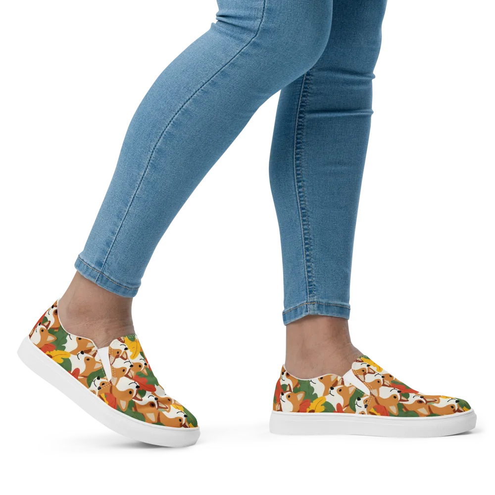 Autumn Corgi Chorus on Women's Slip-On Canvas Shoes — Right